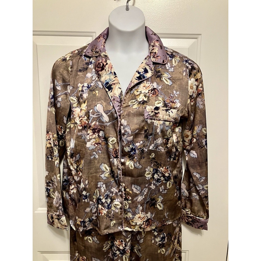 Women's Hope & Ivy Pajama Shirt Lounge Pants Set Satin Brown Floral Sz 10 Medium
